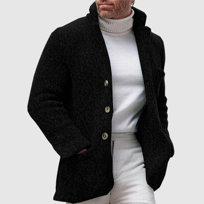 Men's chunky knitted cardigan with stand-up collar, buttons and patch pockets