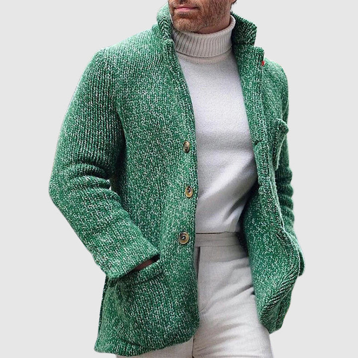 Men's chunky knitted cardigan with stand-up collar, buttons and patch pockets