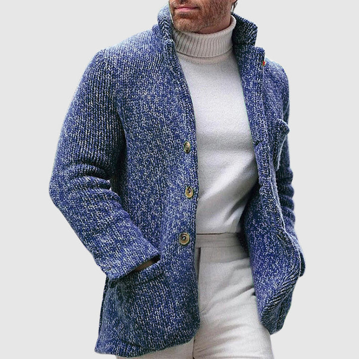 Men's chunky knitted cardigan with stand-up collar, buttons and patch pockets