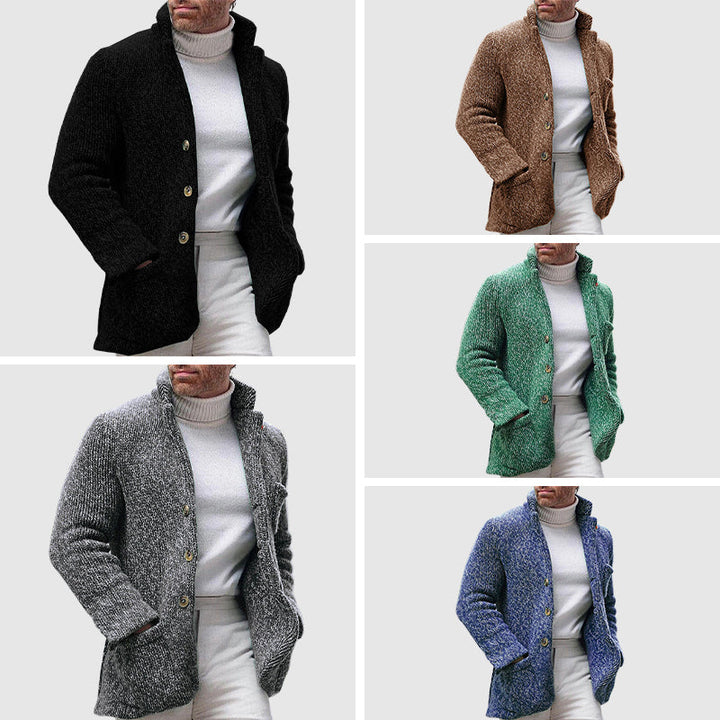 Men's chunky knitted cardigan with stand-up collar, buttons and patch pockets