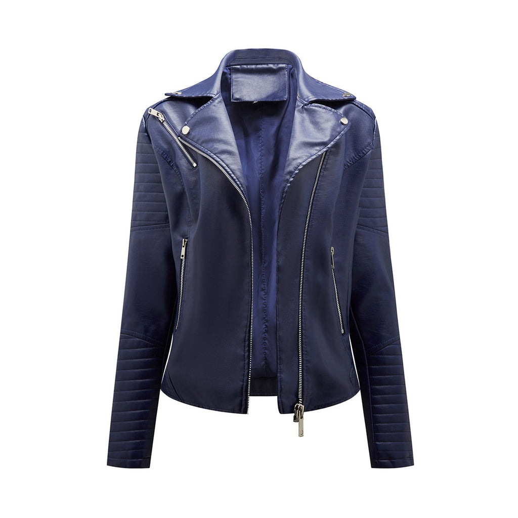 Women's short biker jacket with notched lapels, long sleeves, zip pockets and quilted panels