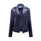 Women's short biker jacket with notched lapels, long sleeves, zip pockets and quilted panels