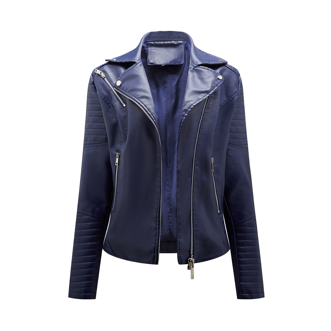 Women's short biker jacket with notched lapels, long sleeves, zip pockets and quilted panels