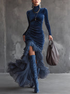 Women's navy velvet ruched maxi dress with high neck and ruffle hem
