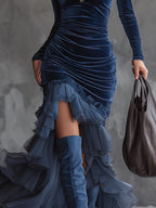 Women's navy velvet ruched maxi dress with high neck and ruffle hem