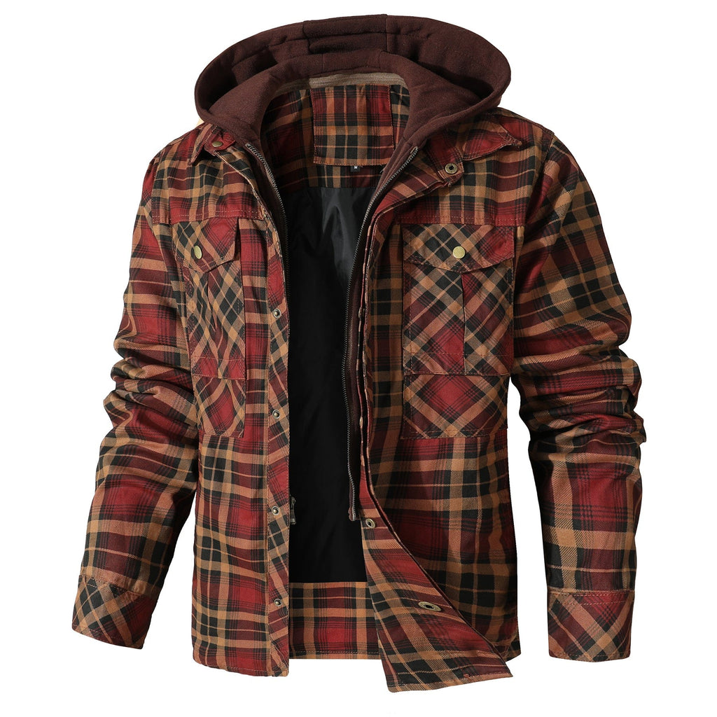 Men's checked hooded jacket with long sleeves and utility pockets