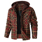 Men's checked hooded jacket with long sleeves and utility pockets