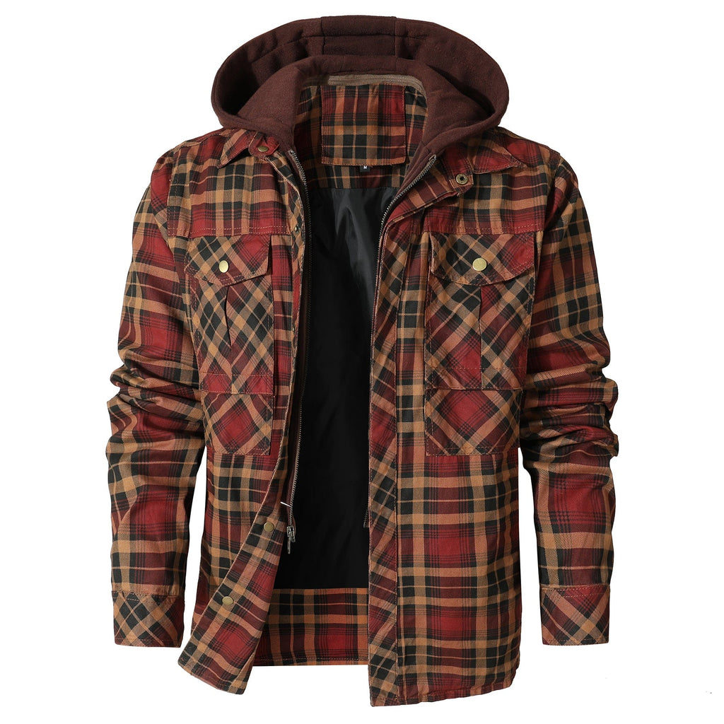 Men's checked hooded jacket with long sleeves and utility pockets