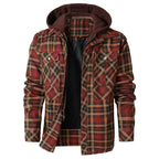 Men's checked hooded jacket with long sleeves and utility pockets