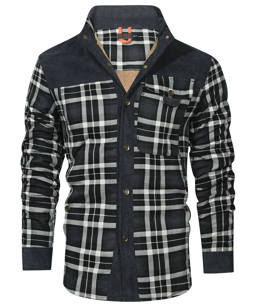 Men's checked jacket with stand collar, long sleeves and button front
