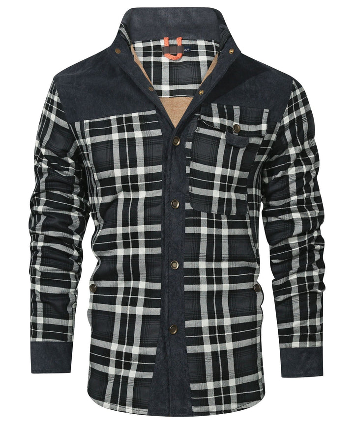 Men's checked jacket with stand collar, long sleeves and button front