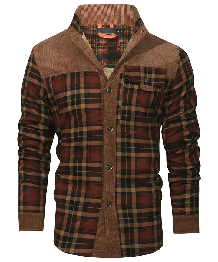 Men's checked jacket with stand collar, long sleeves and button front