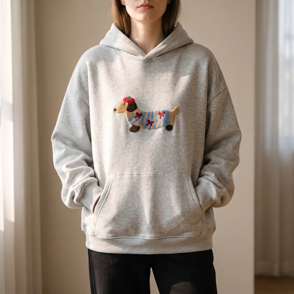 Daxley  - Oversized White Hoodie With Dog Motif Weekend Lounging