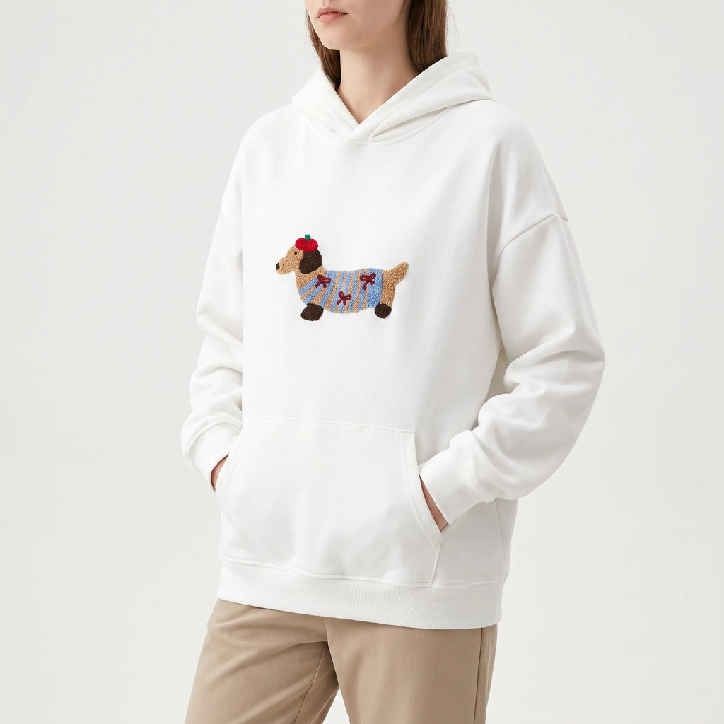 Daxley  - Oversized White Hoodie With Dog Motif Weekend Lounging