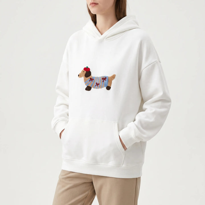 Daxley  - Oversized White Hoodie With Dog Motif Weekend Lounging