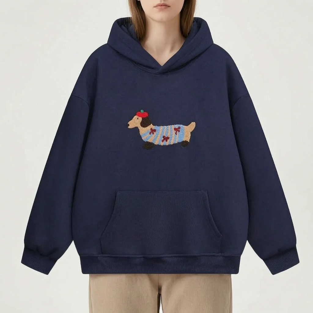 Daxley  - Oversized White Hoodie With Dog Motif Weekend Lounging