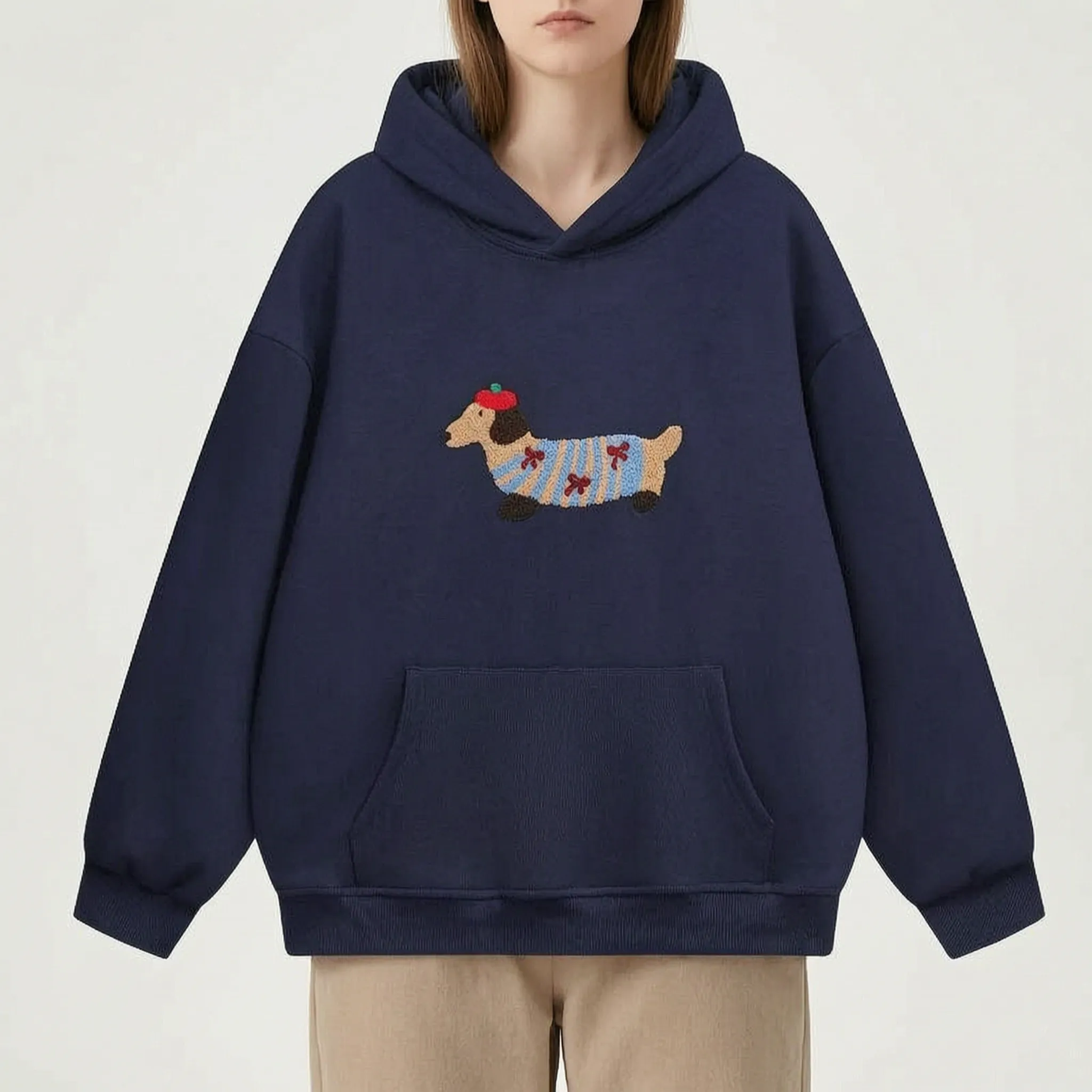 Daxley  - Oversized White Hoodie With Dog Motif Weekend Lounging