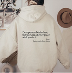 Unisex pullover hoodie with hood and printed back message