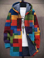 Women's hooded jacket with abstract multicoloured pattern and zip front