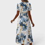 Women's blue floral wrap midi dress with V-neck and short sleeves