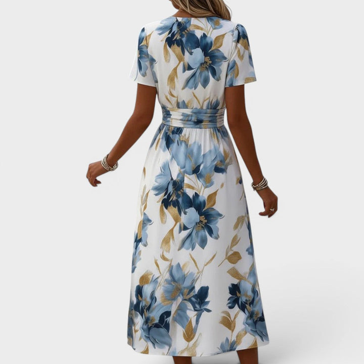Women's blue floral wrap midi dress with V-neck and short sleeves