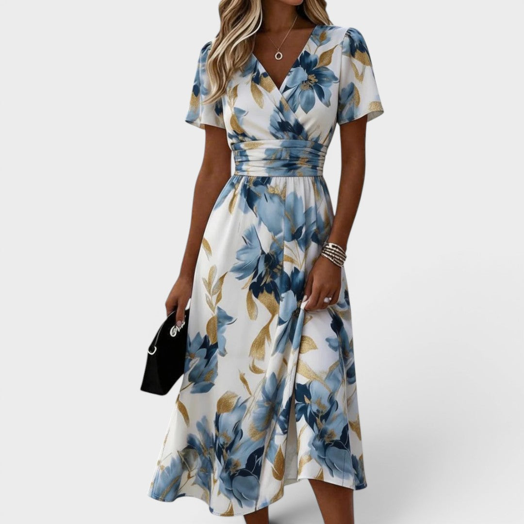 Women's blue floral wrap midi dress with V-neck and short sleeves