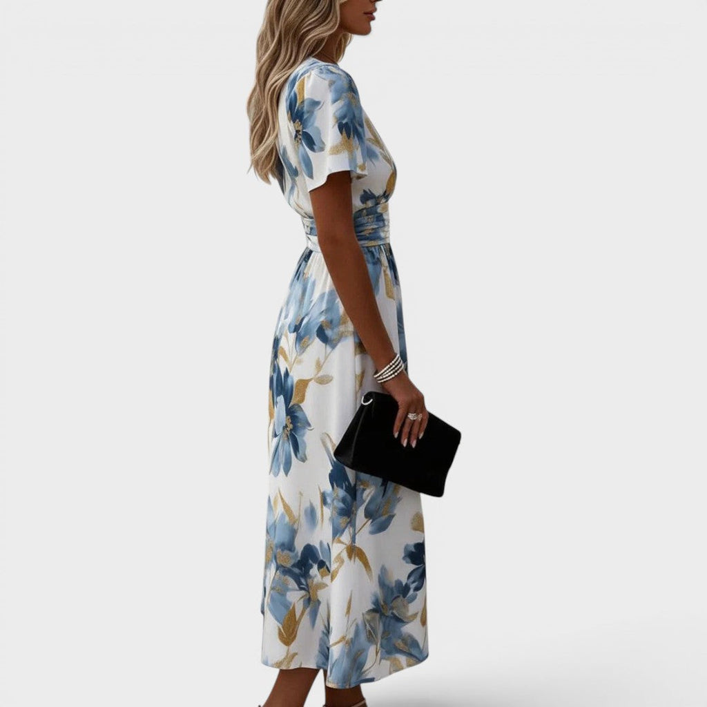 Women's blue floral wrap midi dress with V-neck and short sleeves