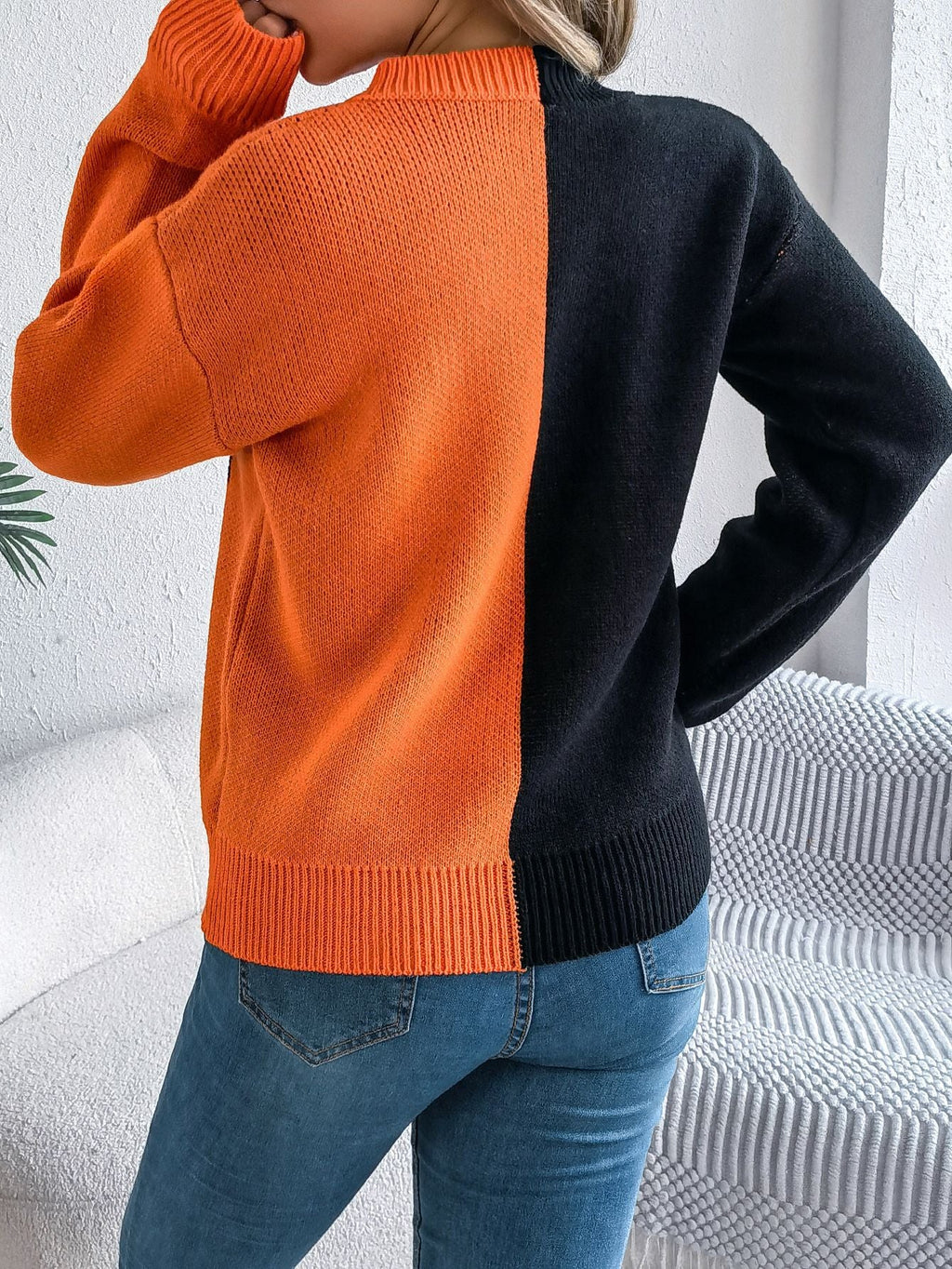 Women's graphic knit sweater with crew neckline and ribbed trims