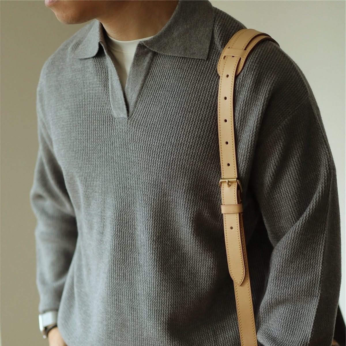 Men's collared long sleeve knit polo shirt