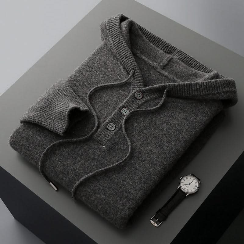 Men's plain knitted hoodie with drawstring hood and button placket