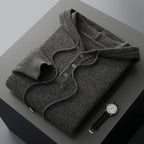 Men's plain knitted hoodie with drawstring hood and button placket