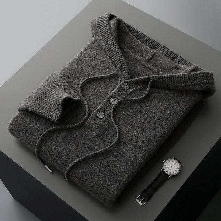 Men's plain knitted hoodie with drawstring hood and button placket