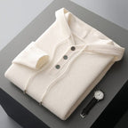 Men's plain knitted hoodie with drawstring hood and button placket