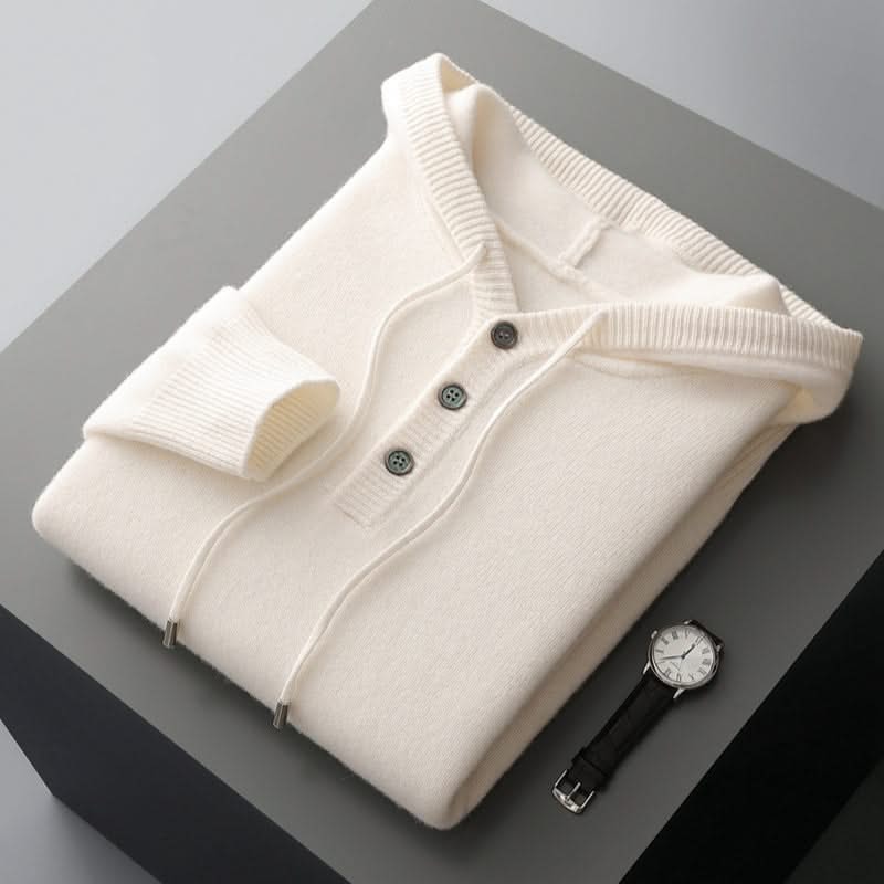 Men's plain knitted hoodie with drawstring hood and button placket