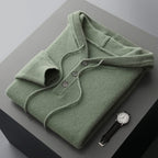 Men's plain knitted hoodie with drawstring hood and button placket