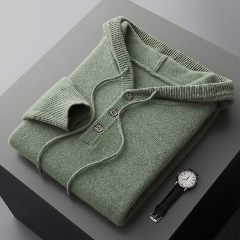 Men's plain knitted hoodie with drawstring hood and button placket