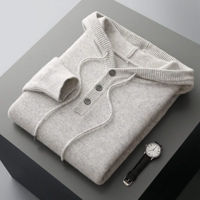 Men's plain knitted hoodie with drawstring hood and button placket