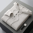 Men's plain knitted hoodie with drawstring hood and button placket