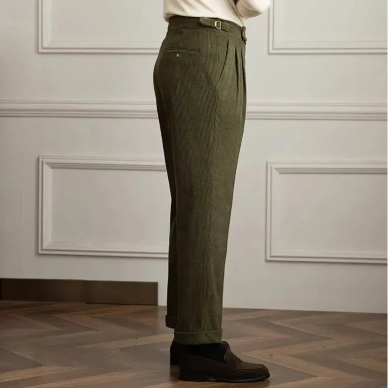 Women's pleated wide-leg corduroy trousers with high waist