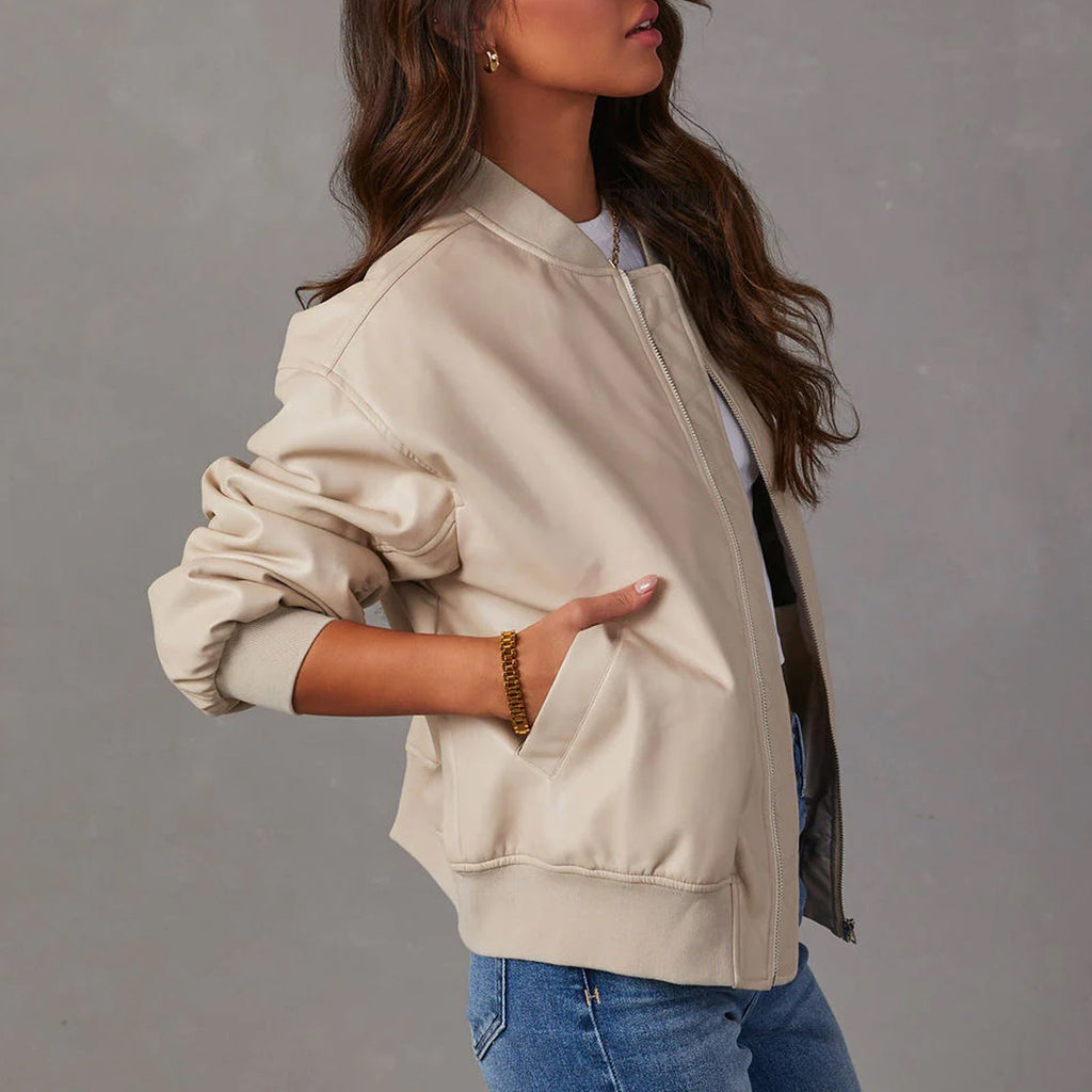 Women's bomber jacket with round collar, zip front, long sleeves and side pockets