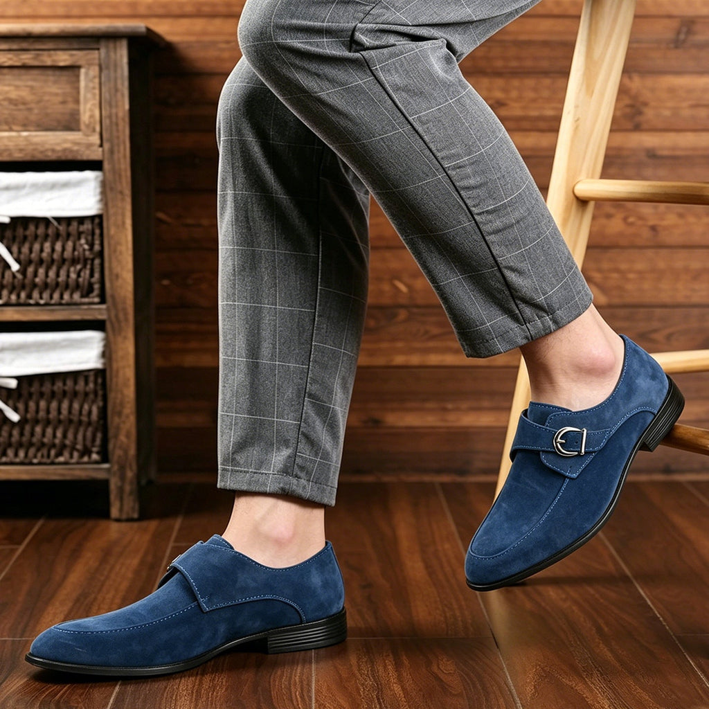 Men's monk strap loafers with buckle fastening, almond toes and low heels