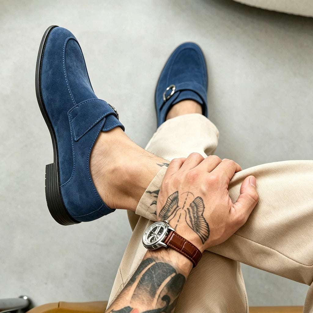 Men's monk strap loafers with buckle fastening, almond toes and low heels