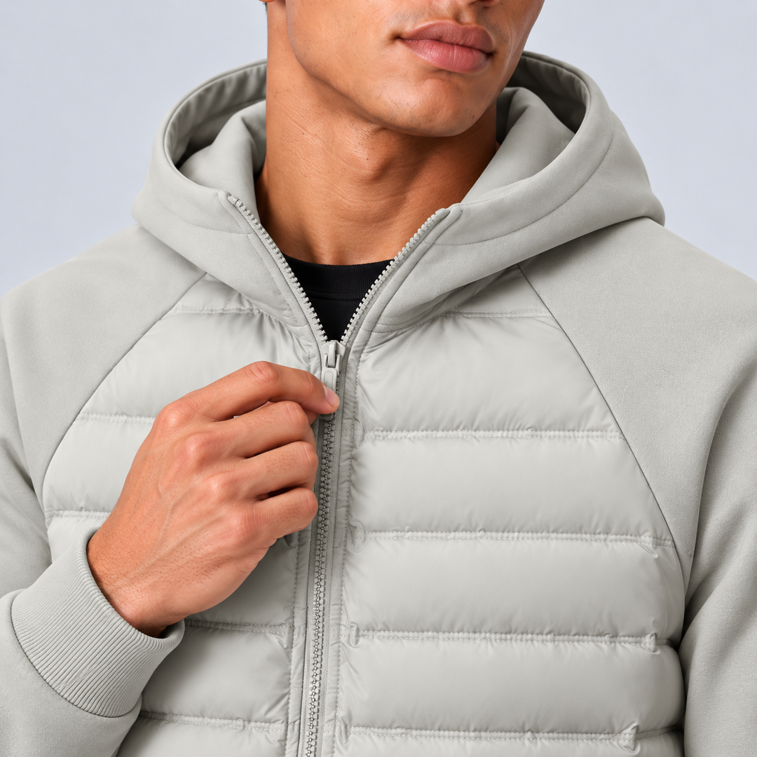 Men's hooded jacket with quilted front panels, knit sleeves and zip front