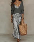 Women's V-neck midi dress with spaghetti straps and ribbed long-sleeve sweater