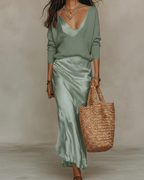 Women's plain midi dress and long-sleeved V-neck sweater set