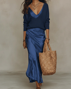 Women's plain midi dress and long-sleeved V-neck sweater set