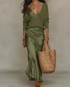 Women's plain midi dress and long-sleeved V-neck sweater set