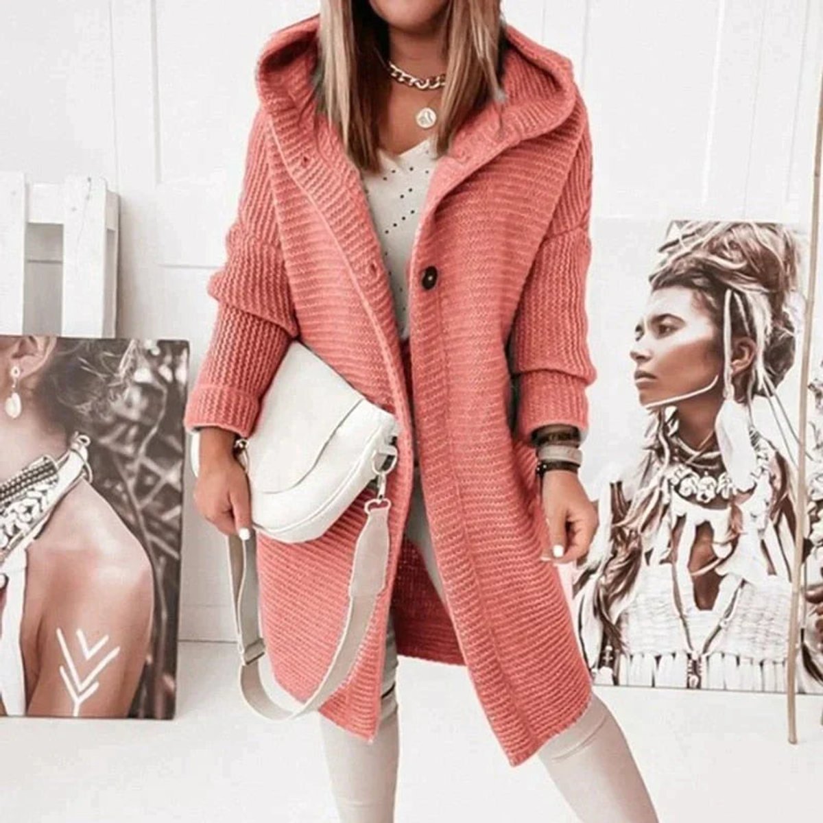Women's long ribbed hooded cardigan with button front and oversized fit