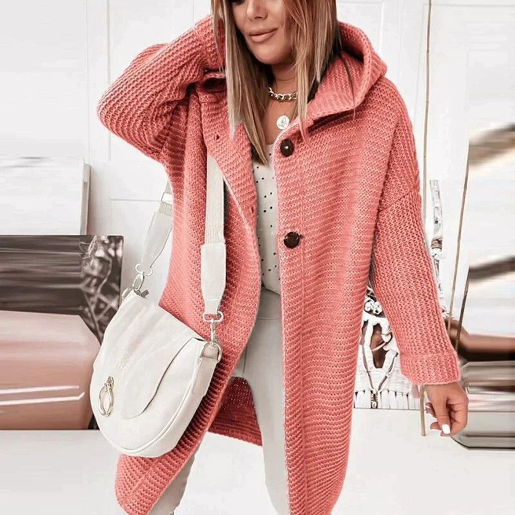 Women's long ribbed hooded cardigan with button front and oversized fit