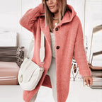 Women's long ribbed hooded cardigan with button front and oversized fit